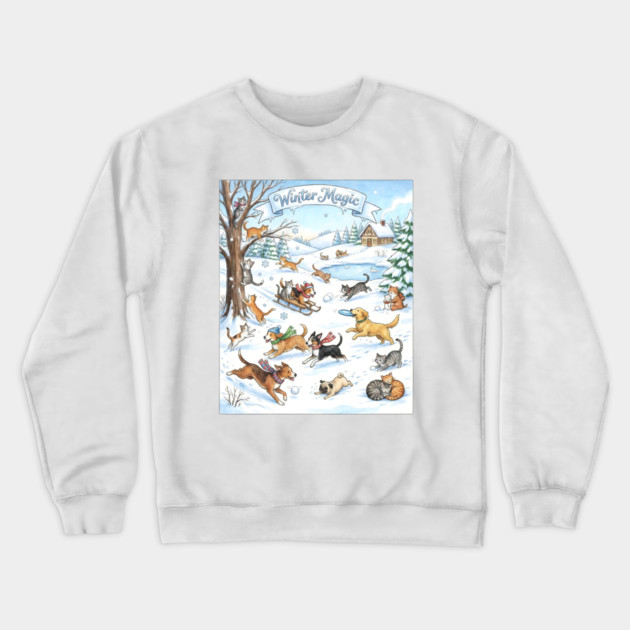 Winter Fun with Cats and Dogs Crewneck Sweatshirt by Creatifly Graphic Tees