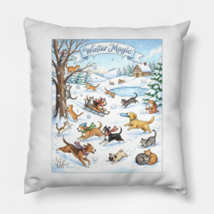Winter Fun with Cats and Dogs Pillow