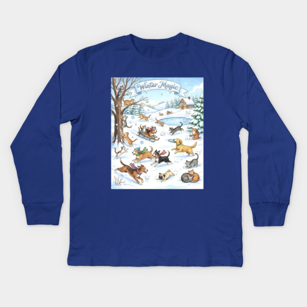 Winter Fun with Cats and Dogs Kids Long Sleeve T-Shirt by Creatifly Graphic Tees