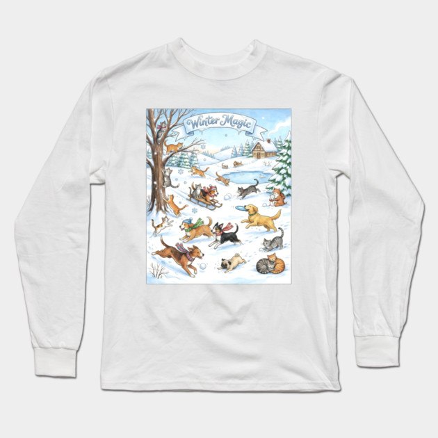Winter Fun with Cats and Dogs Long Sleeve T-Shirt by Creatifly Graphic Tees