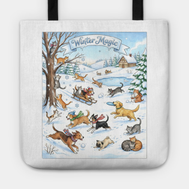 Winter Fun with Cats and Dogs Tote by Creatifly Graphic Tees