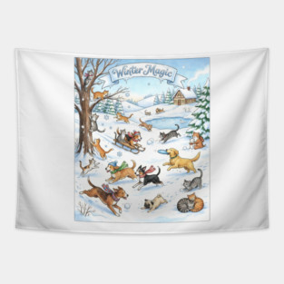 Winter Fun with Cats and Dogs Tapestry