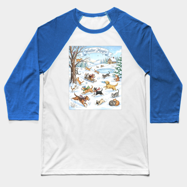 Winter Fun with Cats and Dogs Baseball T-Shirt by Creatifly Graphic Tees