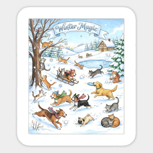 Winter Fun with Cats and Dogs Magnet by Creatifly Graphic Tees