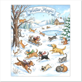 Winter Fun with Cats and Dogs Posters and Art
