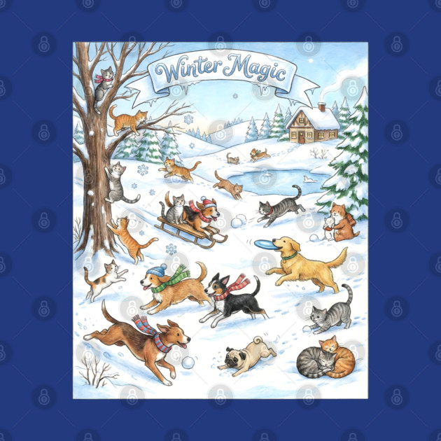 Winter Fun with Cats and Dogs by Creatifly Graphic Tees
