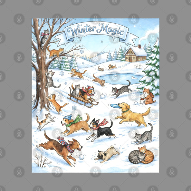 Winter Fun with Cats and Dogs by Creatifly Graphic Tees
