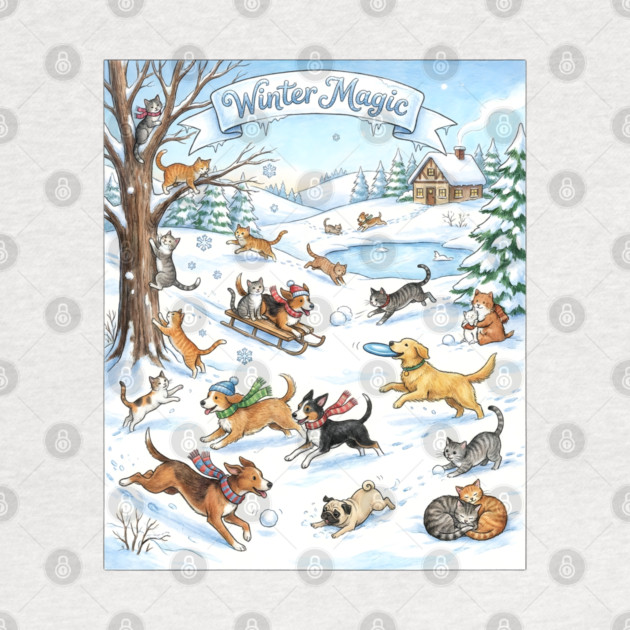 Winter Fun with Cats and Dogs by Creatifly Graphic Tees