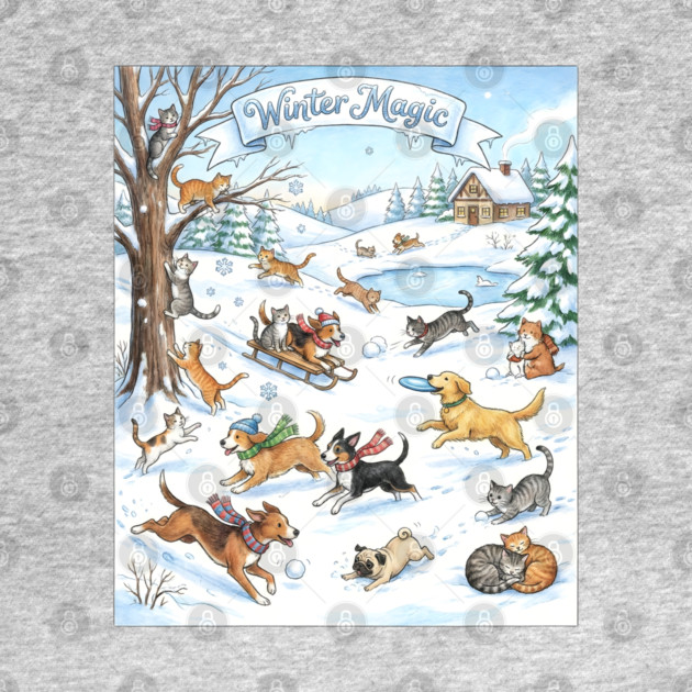 Winter Fun with Cats and Dogs by Creatifly Graphic Tees