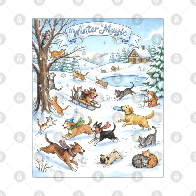 Winter Fun with Cats and Dogs by Creatifly Graphic Tees