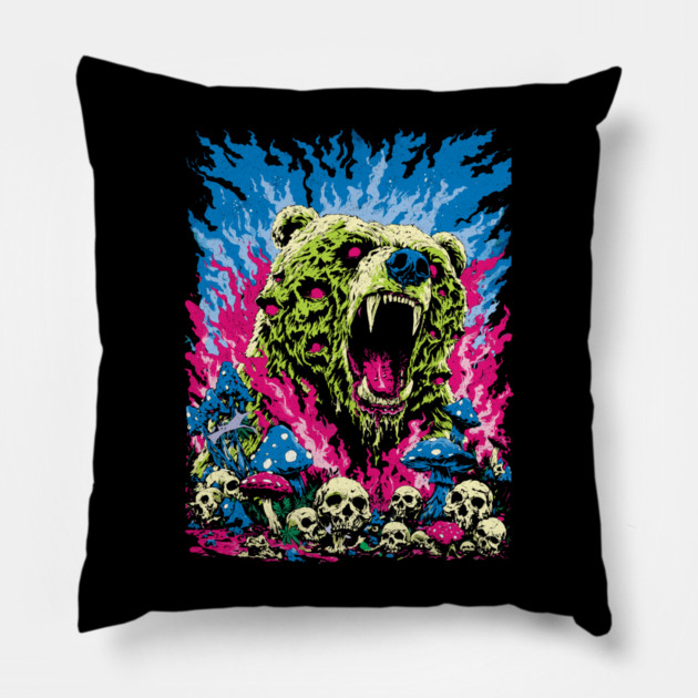 Psychedelic Demon Bear – Surreal Horror Fantasy Art Pillow by Carlos's Store 11