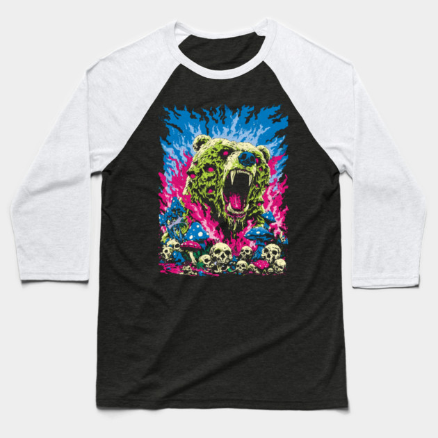 Psychedelic Demon Bear – Surreal Horror Fantasy Art Baseball T-Shirt by Carlos's Store 11