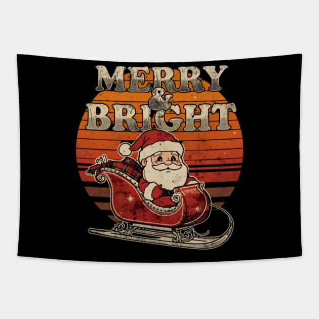 Merry & Bright Retro Striped Santa Sleigh Tapestry by Ink Lines