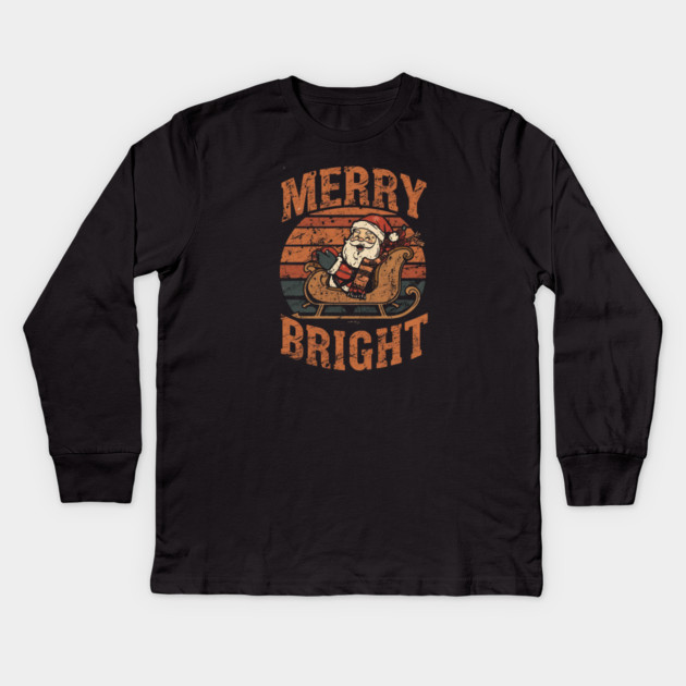 Merry & Bright Grunge Santa Sleigh Kids Long Sleeve T-Shirt by Ink Lines
