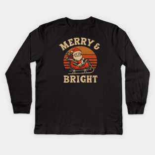 Merry & Bright Retro Santa Plaid Sleigh Kids Long Sleeve T-Shirt