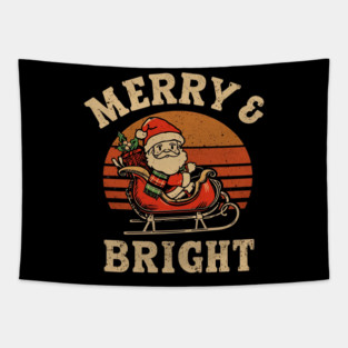 Merry & Bright Retro Santa Plaid Sleigh Tapestry
