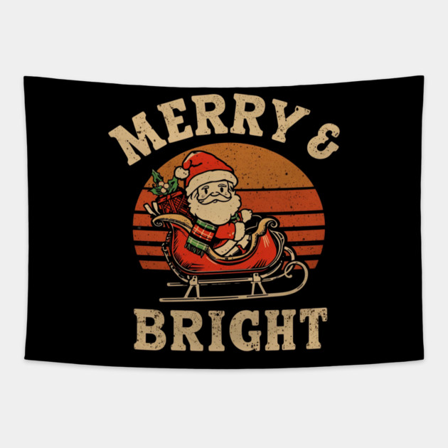 Merry & Bright Retro Santa Plaid Sleigh Tapestry by Ink Lines