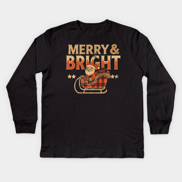 Merry & Bright Retro Sunset Santa Sleigh Kids Long Sleeve T-Shirt by Ink Lines