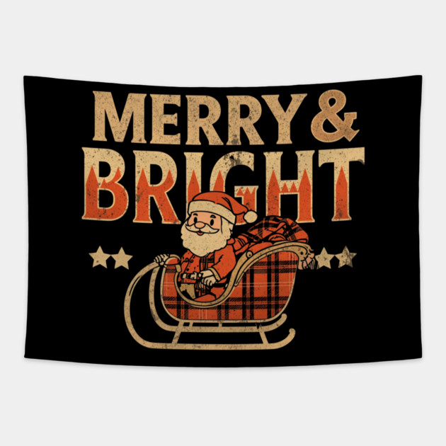 Merry & Bright Retro Sunset Santa Sleigh Tapestry by Ink Lines