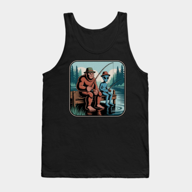 Bigfoot Fishing Design for Men and Boys | Sasquatch Fishing | Funny Fishing for Men Tank Top by Pixel Threads 