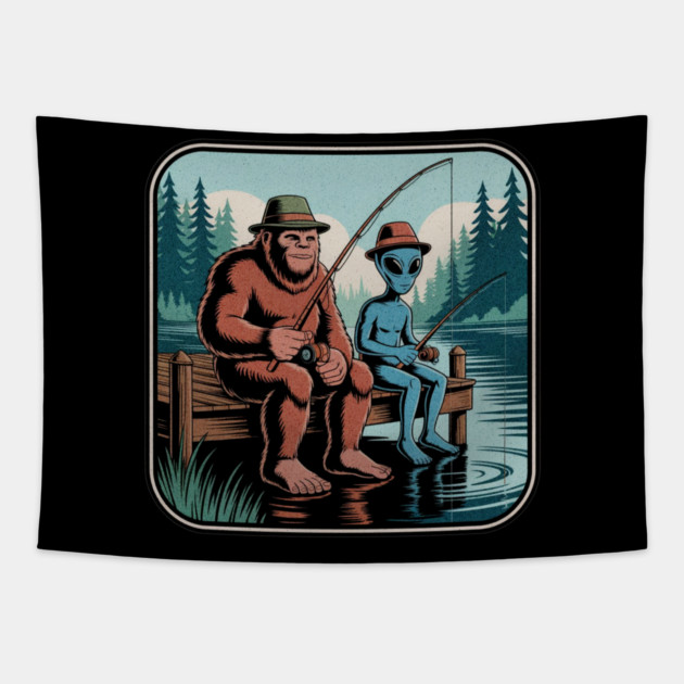 Bigfoot Fishing Design for Men and Boys | Sasquatch Fishing | Funny Fishing for Men Tapestry by Pixel Threads 