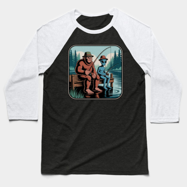 Bigfoot Fishing Design for Men and Boys | Sasquatch Fishing | Funny Fishing for Men Baseball T-Shirt by Pixel Threads 
