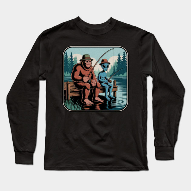 Bigfoot Fishing Design for Men and Boys | Sasquatch Fishing | Funny Fishing for Men Long Sleeve T-Shirt by Pixel Threads 