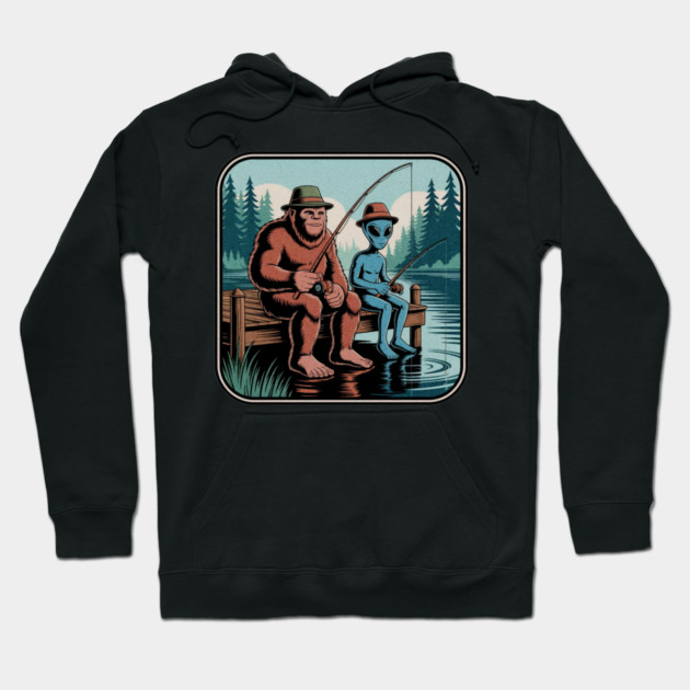 Bigfoot Fishing Design for Men and Boys | Sasquatch Fishing | Funny Fishing for Men Hoodie by Pixel Threads 