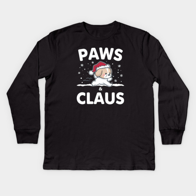 Paws & Claus Jumping Puppy Christmas Kids Long Sleeve T-Shirt by Ink Lines