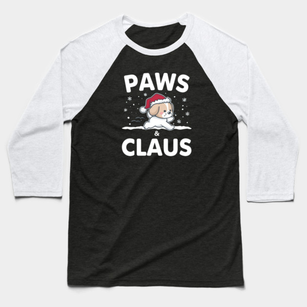 Paws & Claus Jumping Puppy Christmas Baseball T-Shirt by Ink Lines