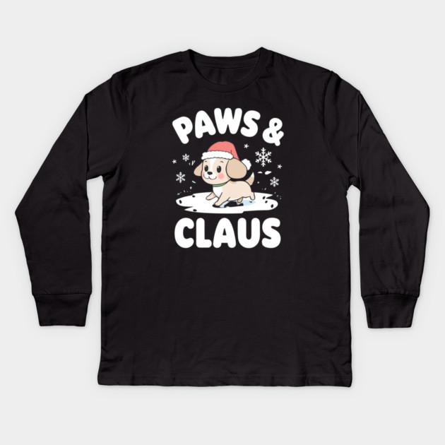 Paws & Claus Cute Christmas Dog Kids Long Sleeve T-Shirt by Ink Lines
