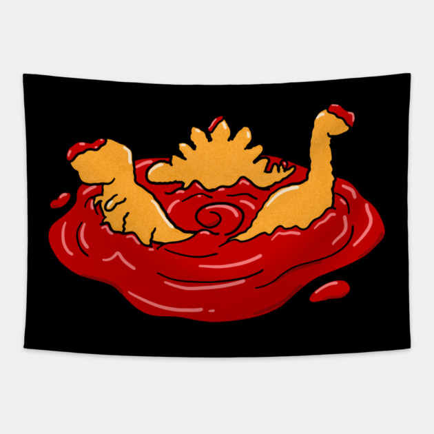 Ketchup Dino Nugget Apocalypse Funny Dinosaur Chicken Nugget Tapestry by belownormal