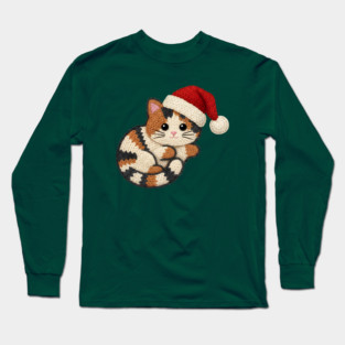 Cozy Faux Yarn Christmas Cat with Santa Hat Long Sleeve T-Shirt