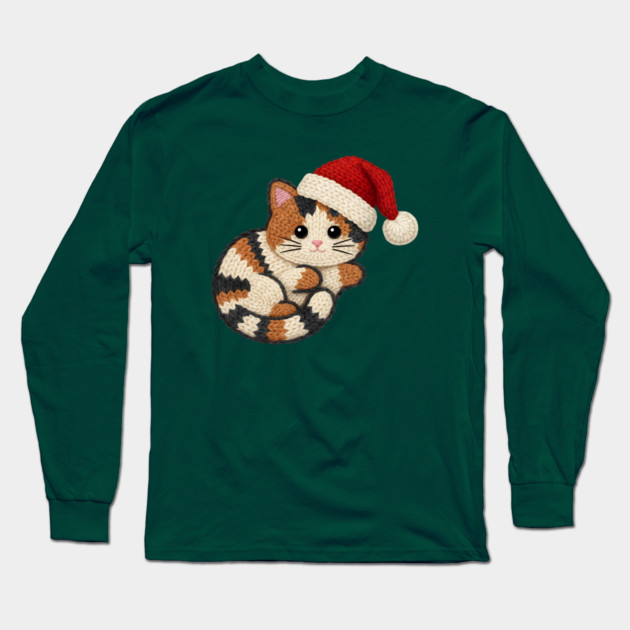 Cozy Faux Yarn Christmas Cat with Santa Hat Long Sleeve T-Shirt by Creatifly Graphic Tees