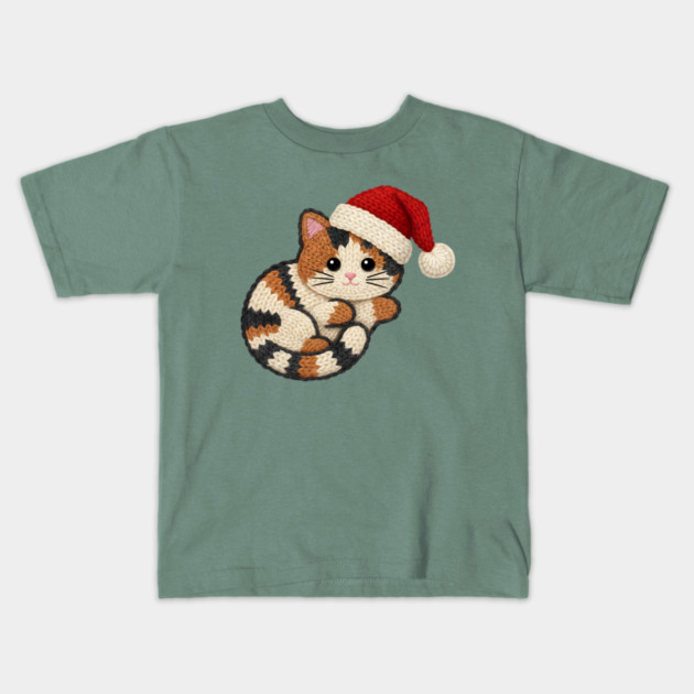 Cozy Faux Yarn Christmas Cat with Santa Hat Kids T-Shirt by Creatifly Graphic Tees