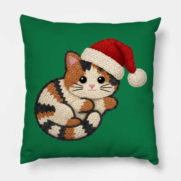 Cozy Faux Yarn Christmas Cat with Santa Hat Pillow by Creatifly Graphic Tees