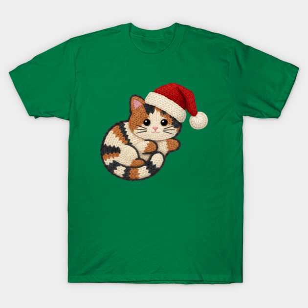 Cozy Faux Yarn Christmas Cat with Santa Hat T-Shirt by Creatifly Graphic Tees