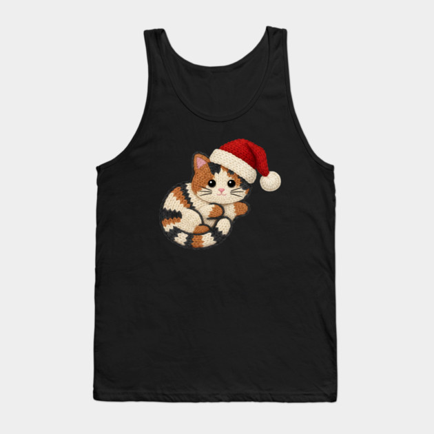 Cozy Faux Yarn Christmas Cat with Santa Hat Tank Top by Creatifly Graphic Tees