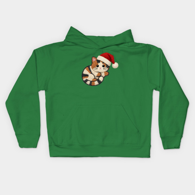 Cozy Faux Yarn Christmas Cat with Santa Hat Kids Hoodie by Creatifly Graphic Tees
