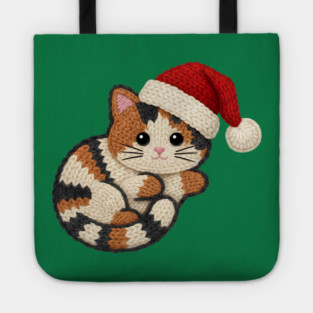 Cozy Faux Yarn Christmas Cat with Santa Hat Tote