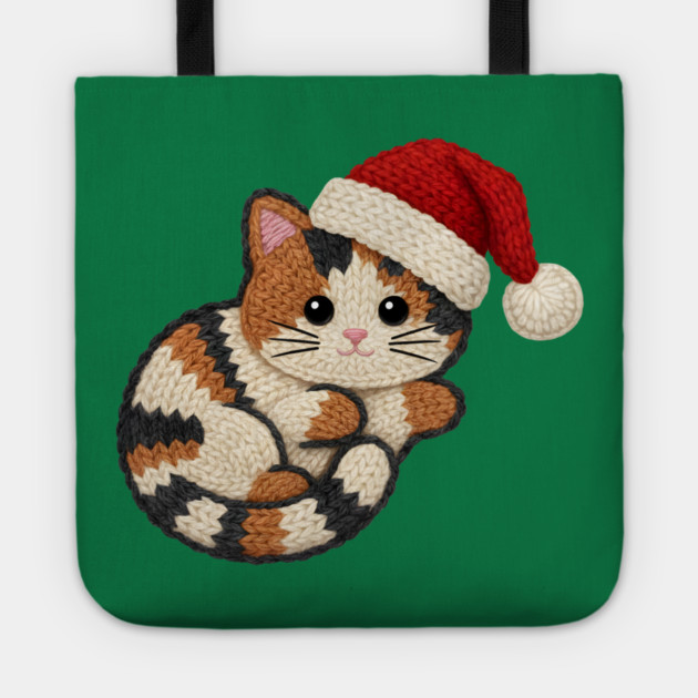 Cozy Faux Yarn Christmas Cat with Santa Hat Tote by Creatifly Graphic Tees
