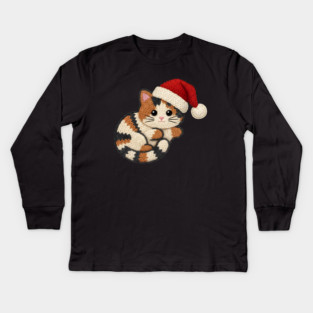 Cozy Faux Yarn Christmas Cat with Santa Hat Kids Long Sleeve T-Shirt