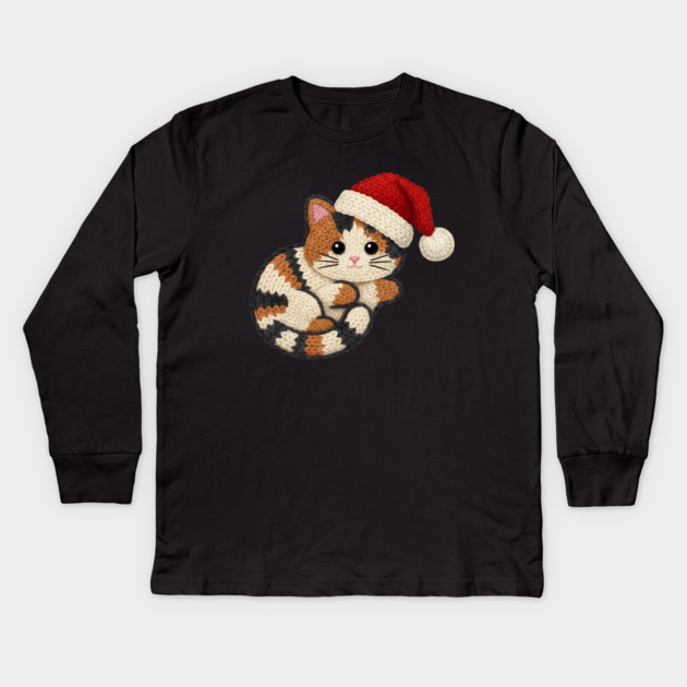 Cozy Faux Yarn Christmas Cat with Santa Hat Kids Long Sleeve T-Shirt by Creatifly Graphic Tees