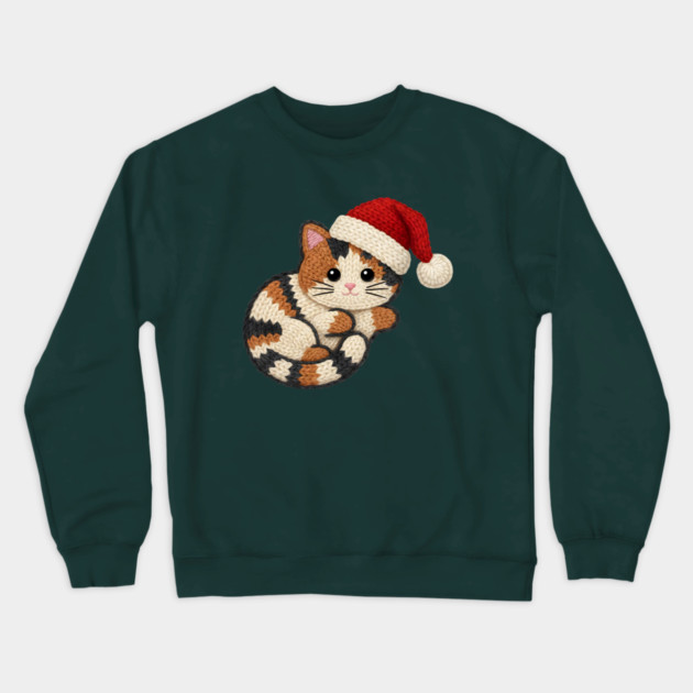 Cozy Faux Yarn Christmas Cat with Santa Hat Crewneck Sweatshirt by Creatifly Graphic Tees