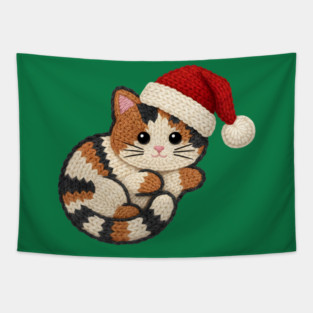 Cozy Faux Yarn Christmas Cat with Santa Hat Tapestry