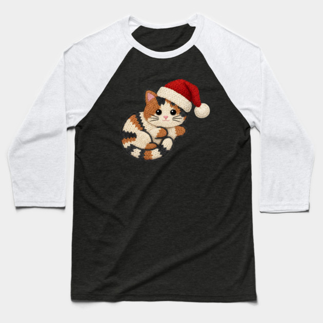 Cozy Faux Yarn Christmas Cat with Santa Hat Baseball T-Shirt by Creatifly Graphic Tees