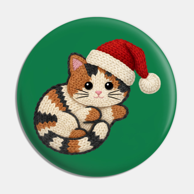 Cozy Faux Yarn Christmas Cat with Santa Hat Pin by Creatifly Graphic Tees