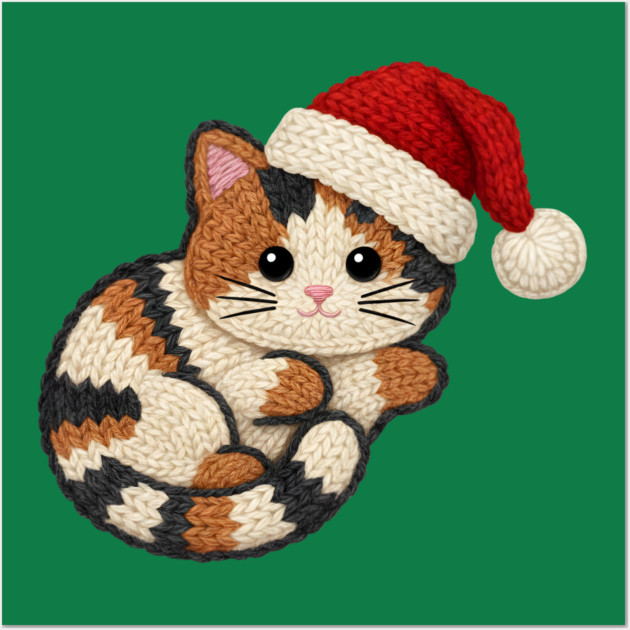 Cozy Faux Yarn Christmas Cat with Santa Hat Wall Art by Creatifly Graphic Tees