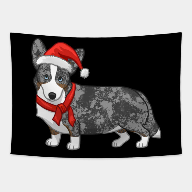 Cute Blue Merle Cardigan Corgi Christmas Santa Hat Tapestry by yangho