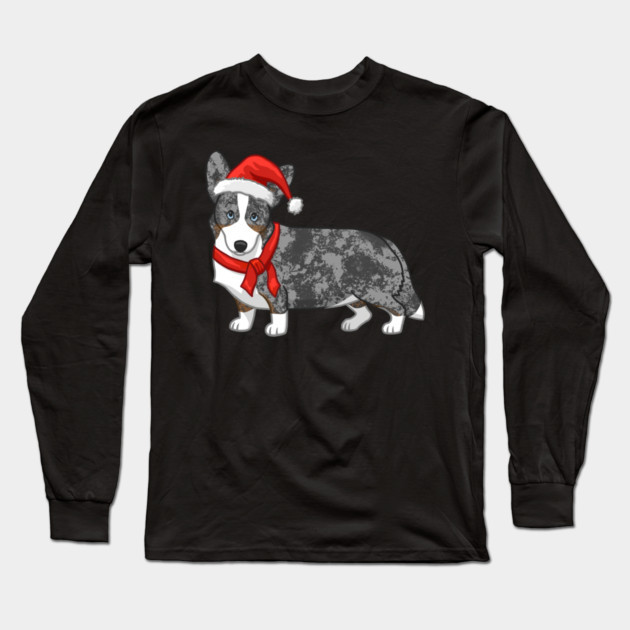 Cute Blue Merle Cardigan Corgi Christmas Santa Hat Long Sleeve T-Shirt by yangho
